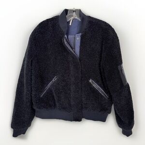 Free People Aviator Bomber Jacket Navy Teddy Sherpa Fleece Womens XS Cropped Zip